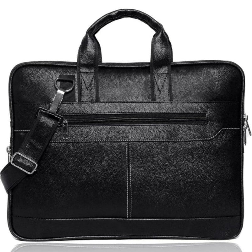Classic Black Leather Laptop Briefcase with Shoulder Strap
