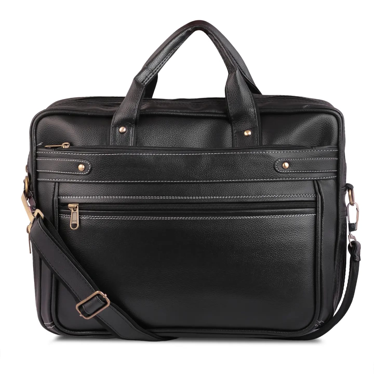 Executive Black Leather Laptop Briefcase with Shoulder Strap